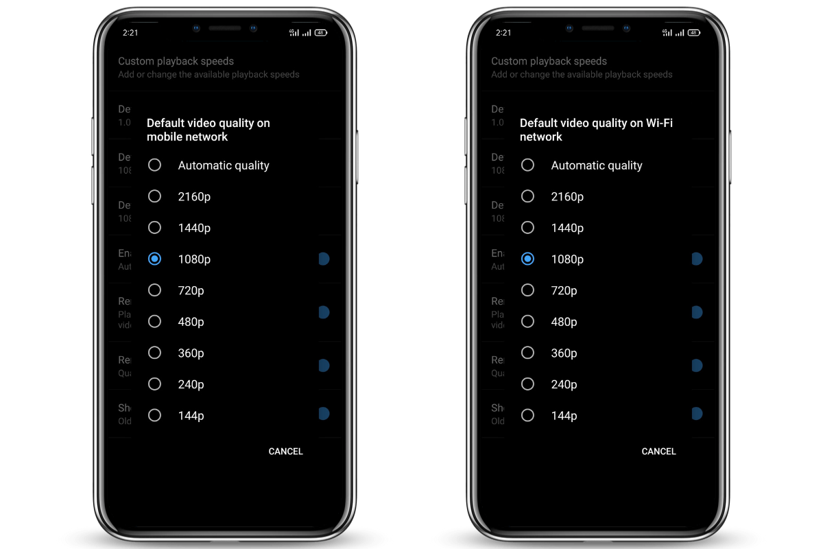 Set Quality for Mobile & Wi-Fi Network